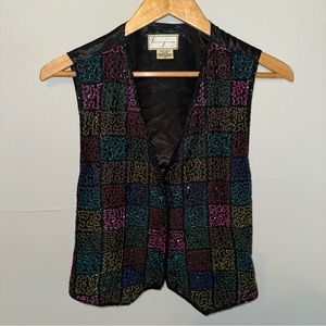 Vintage Fully Beaded Embroidered Rainbow Silk Vest 90s y2k